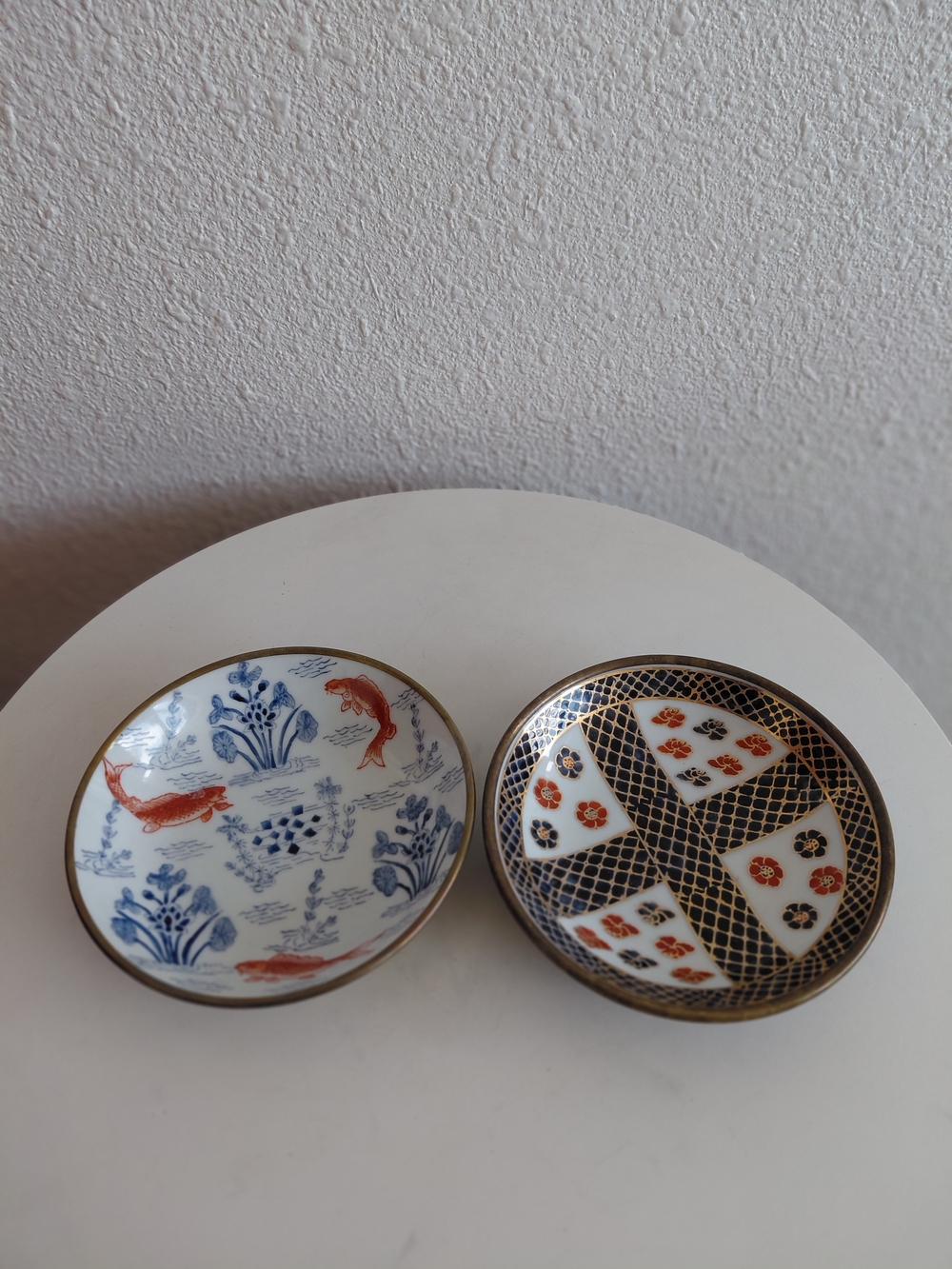 Set Of 2 Japan Porceline Sauser Small Plater Pewter Encased